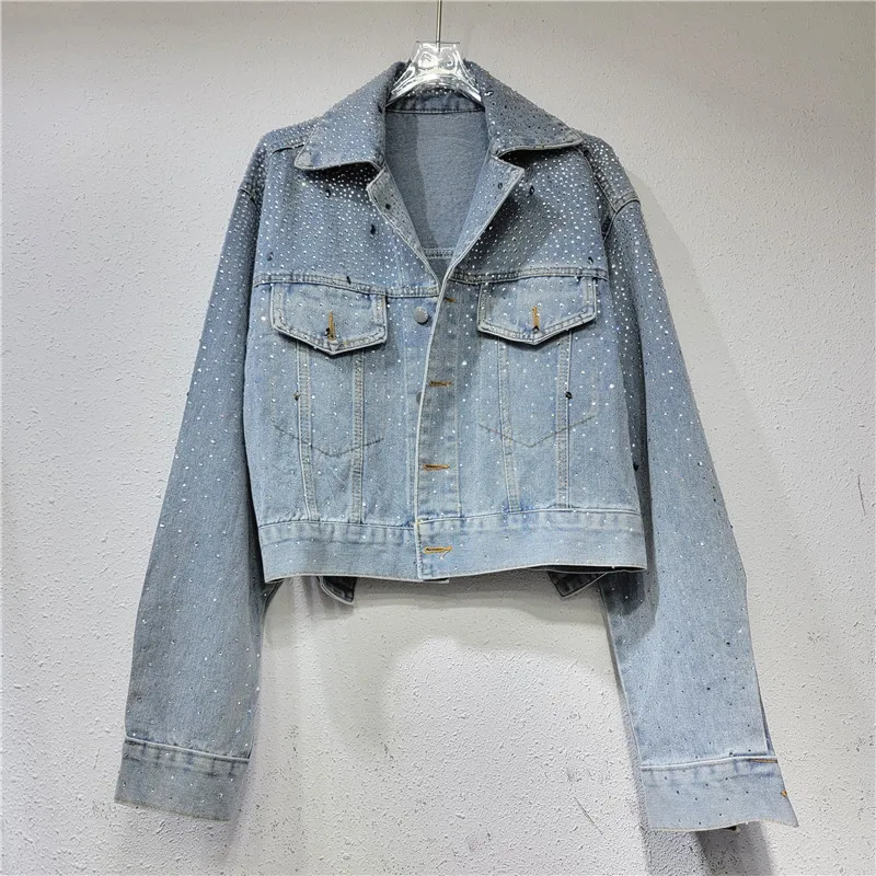 

Blue Short Denim Jacket Fashion Diamond Spring Autumn Women Jeans Jacket Casual Lapel Long Sleeve Female Basic Coat Streetwear
