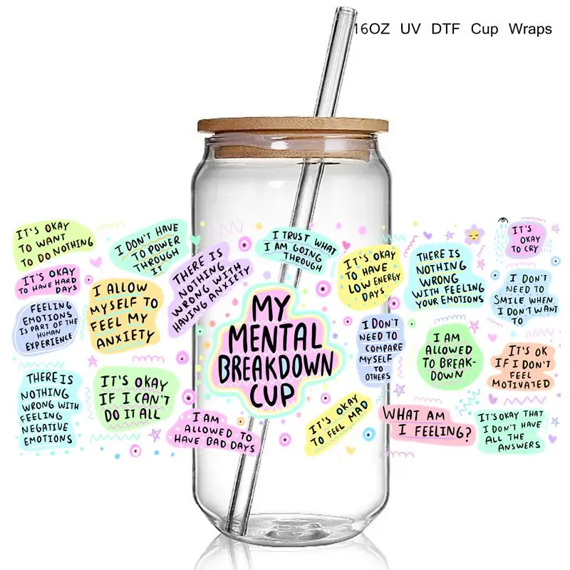 28+ Fashion Trending Daily Inspirtion Design Positive Affirmation 3D UV DTF Cup Wrap Transfers Stickers Mental 16oz Glass Wrap