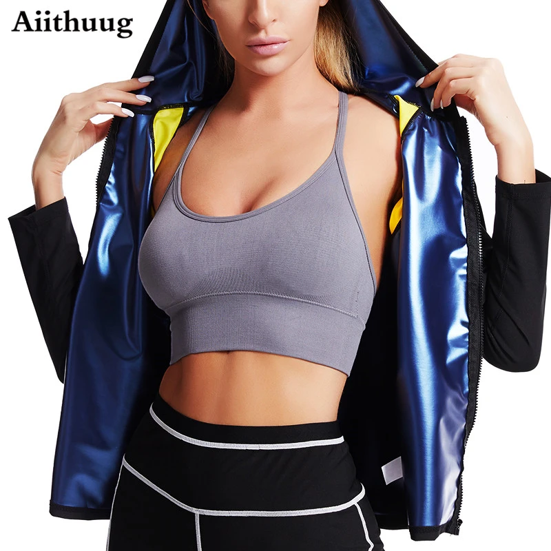 Aiithuug Gym Workout Hoodie Shaper Zipper Long Sleeve Sport Fitness Tops Sauna Suit Hot Sweat Waist Trainer Jacket Body Shapers shapewear bodysuit