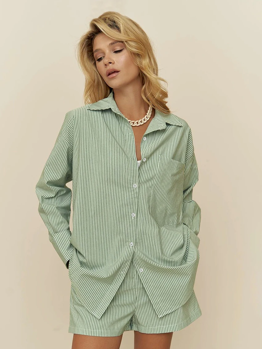 Marthaqiqi Casual Striped Female Pajamas Suit Turn-Down Collar Sleepwear Long Sleeve Nightgowns Shorts Home Clothes For Women'S