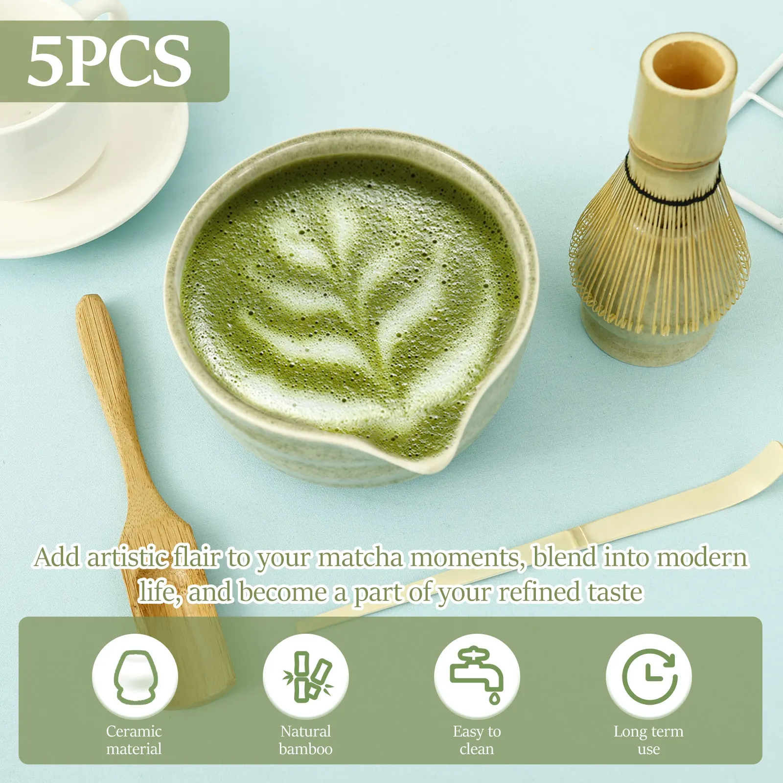 Matcha Set Includes Matcha Bowl with Spout Whisk Holder Bamboo Whisk Spoon and Tea Scoop Complete Japanese 5 Pcs