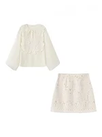 HH Female Summer Fashion Elegant Long Sleeve Lace Up Stitching Hollow Shirt+Temperament High Waist Mini A-line Skirt Suit - Image 6