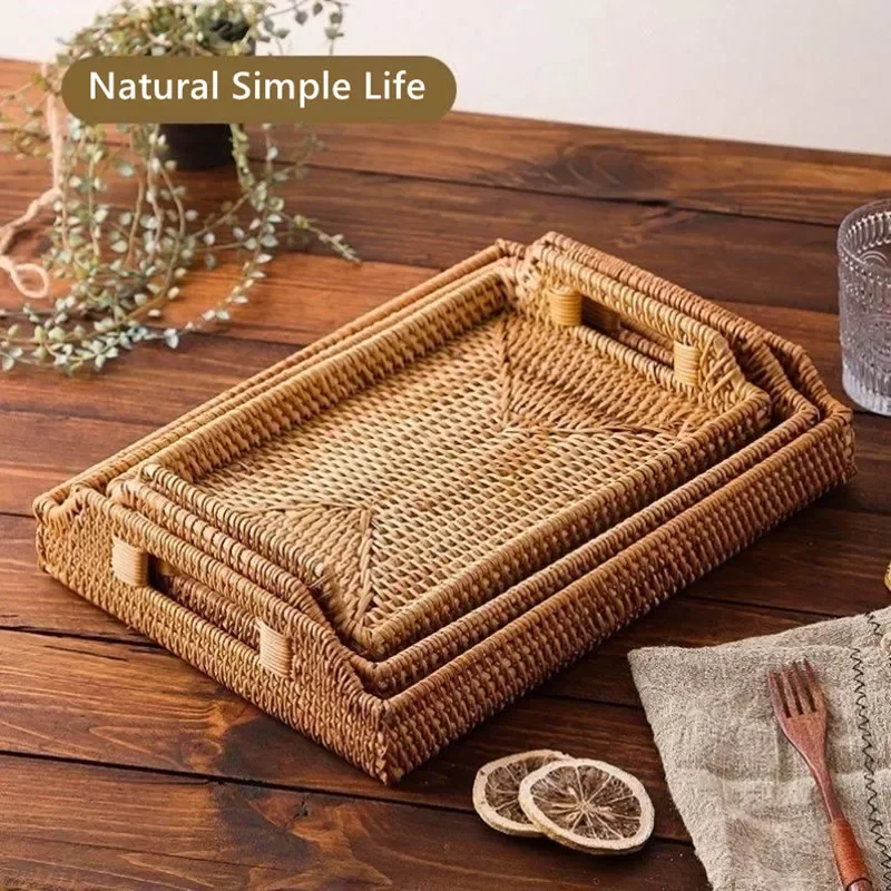 Natural Rattan Picnic Bread Snack Basket Food Tray Plate Fruit Cake Sundries Box Handwoven Rattan Saucer Storage Basket