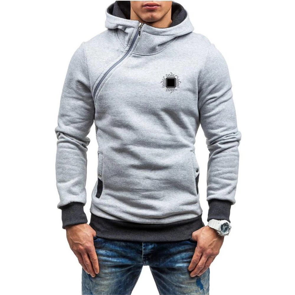 2023 New CPU Processor Circuit Diagram Spring and Autumn Casual Solid Men Diagonal Zipper Long Sleeve Sweatshirts Hoody Pullover