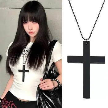 Fashion Punk Gothic Wood Cross Pendant Necklace for Women Men Halloween Vintage Black Hip Hop Y2K Accessories Party Jewelry Gift 1