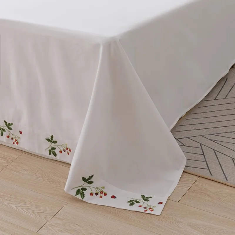 100% Cotton Twill Embroidered Bed Sheets Luxury Flowers Embroidery Solid Color White Bedding Flat sheet 230*250cm 250*250cm 3
