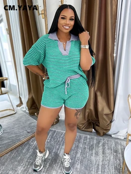CM.YAYA Street Striped Knit Ribbed Women's Set Short Sleeve Sweater Top and Shorts Suit Summer Beach Two 2 Piece Set Outfits