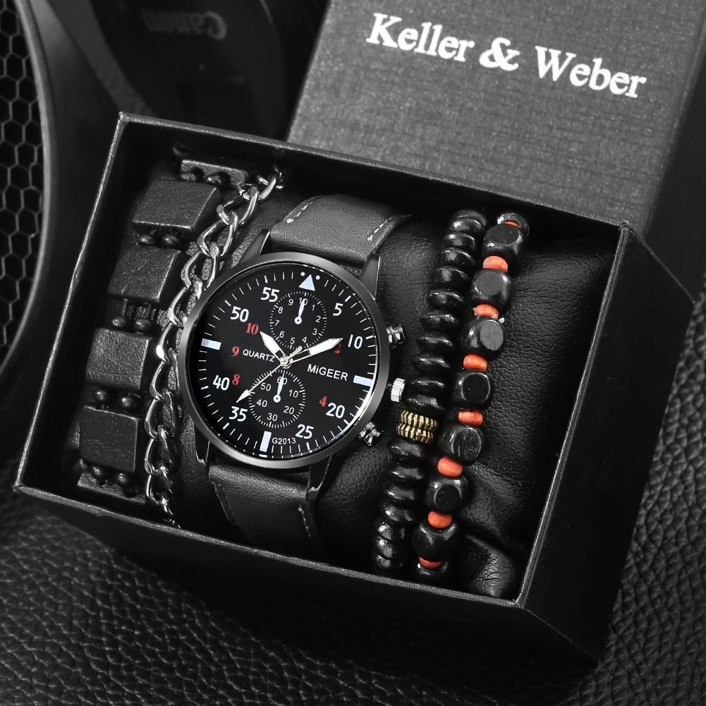 Watch for Men Business Casual Wristwatch Quartz Movement Leather Belt Clock Wooden Bracelet Set Gifts Man Husband Montre Homme