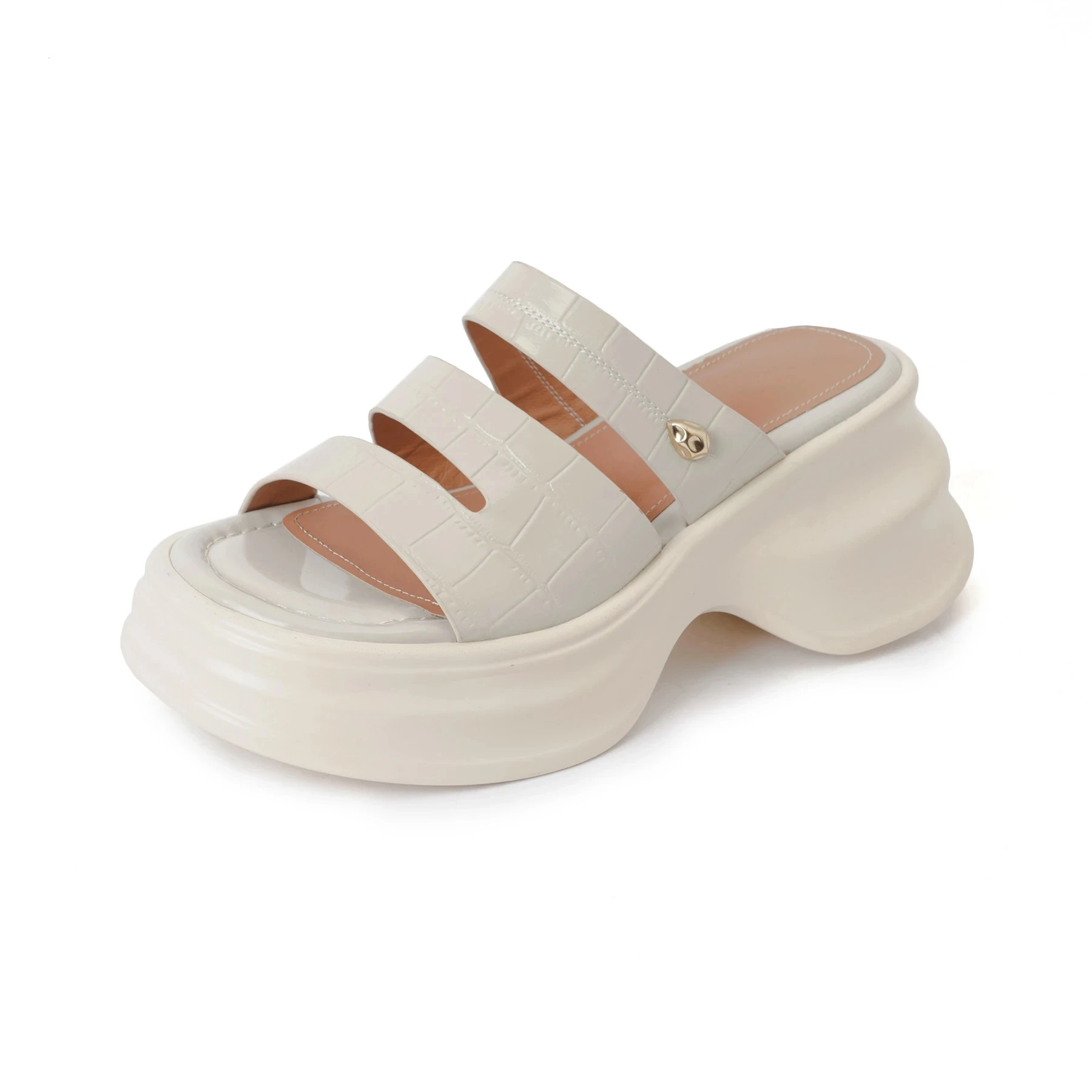 Lanxuryee Cow Leather Slip On Summer Shoes Slingback Mules High Heels Slippers Comfort Concise Ins Casual Platform Women Sandals