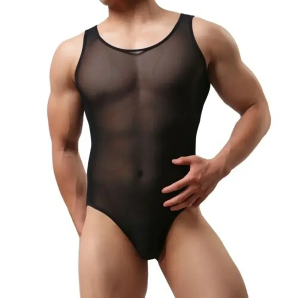 Men's Leotard Tan Tops Singlet Bodysuit Elastic Mesh Sheer Jockstrap Bulge Pouch Panties Lingerie Underwear Man Jumpsuit men bodysuit jumpsuit