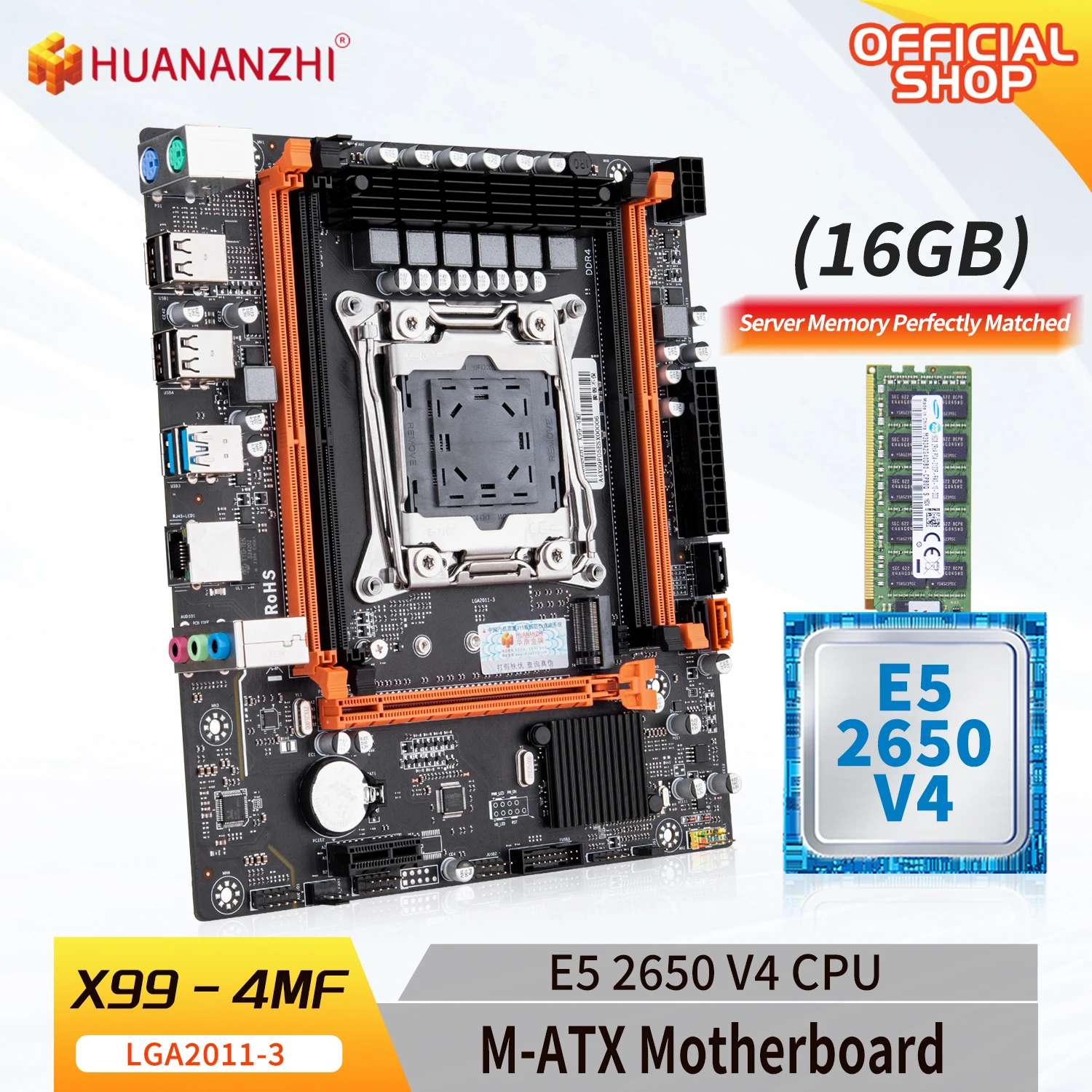 huananzhi-x99マザーボードセット、4mf-lga-2011-3、intel-e5-2650-v4、1x16g-ddr4-eccメモリキット、m2-nvme