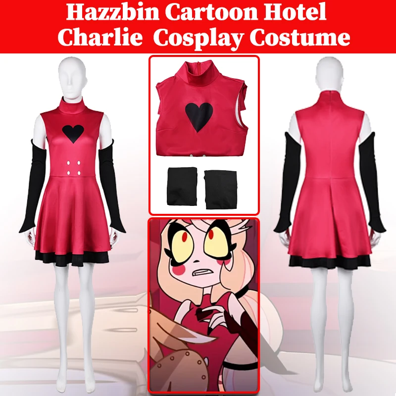 

Charlie Cosplay Red Combat Dress Hazzbin Cartoon Hotel Costume Women Roleplay Skirts Sleeve Female Role Halloween Fantasia Suits