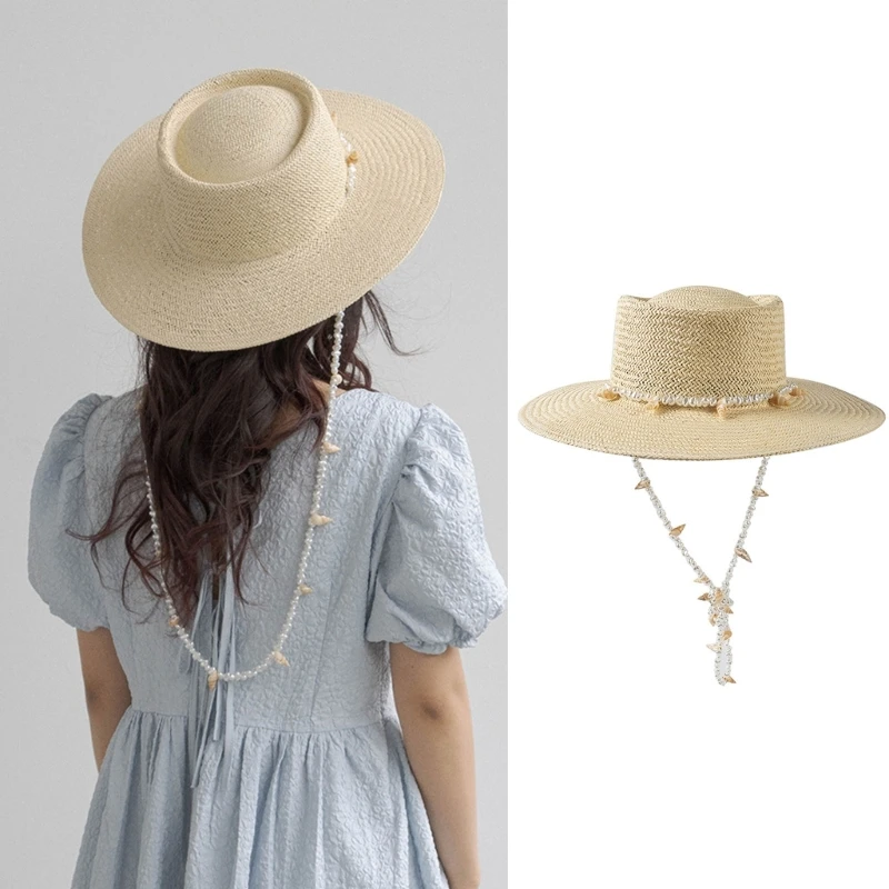 

Sun Straw Hat Lightweight Grass Braided Hat Wide Brim Beaded String Sun Hats Summer Accessory Beach Hat for Women Wholesale