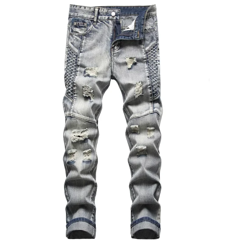 Men's Jeans Nostalgic Ripped Embroidered Straight-leg Slim Fit Casual Colorblock Denim Trousers