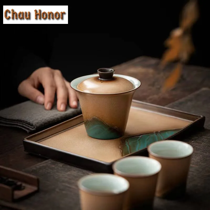 130ml Retro Distant Hills Coarse Pottery Gaiwan Japanese Tea Tureen Tea Bowl with Lid Kit Tea Maker Cover Bowl Teaset Ornaments
