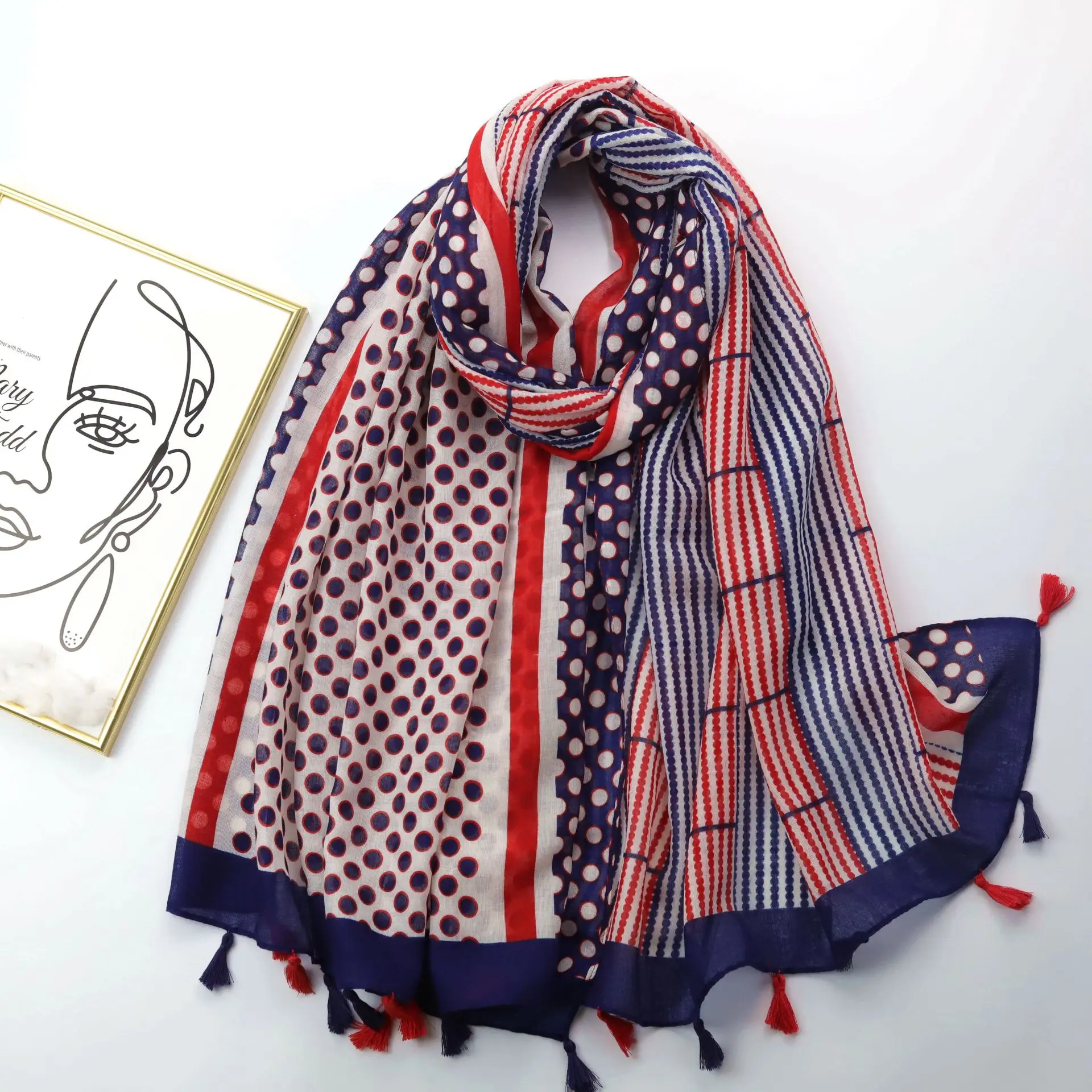 

2022 Newest Women Spot Pattern Scarf Cotton Tassel Voile Scarf Shawls