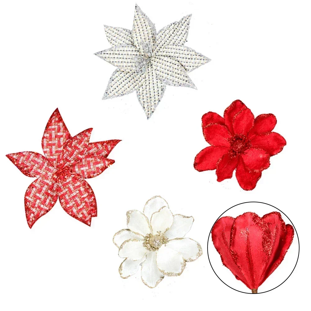 Artificial Flower Christmas Flowers Cloth Three-layer Wire Beautiful Bling Flowers For Decoration Christmas Trees