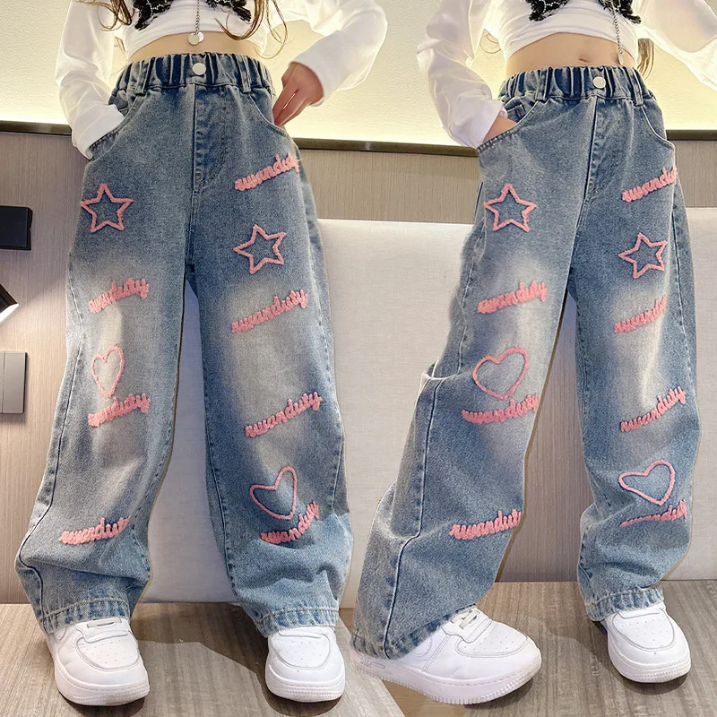 Kids Fashion Long Jeans Girls School Wide Leg Pants with Towel Embroidery Heart Star Casual Loose Children Korean Style Trousers