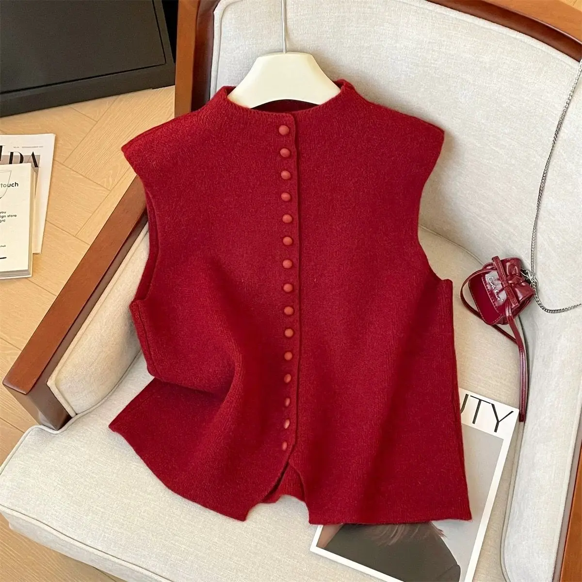 Elegant Sleeveless Sweater Knit Single Breasted Button Waistcoat Casual Streetwear Knitwears Tank Ladies irregular Sweater Vest