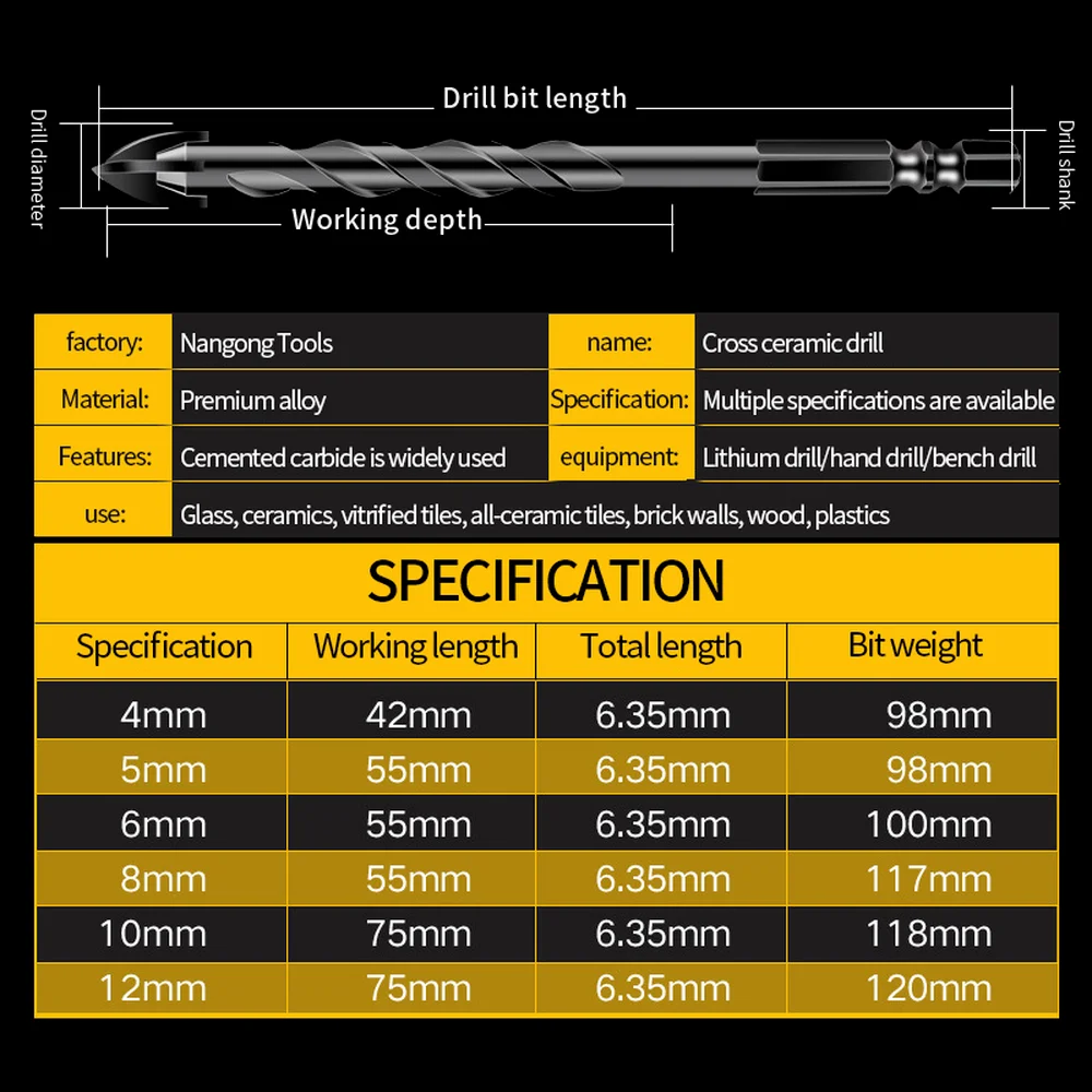 3-12mm kříž šestihranná dlážděná vrtačka bitech sada pro sklo keramika beton výmol otvírač cihla natvrdo slitina trojúhelník kousek nářadí souprava kov vrtačka