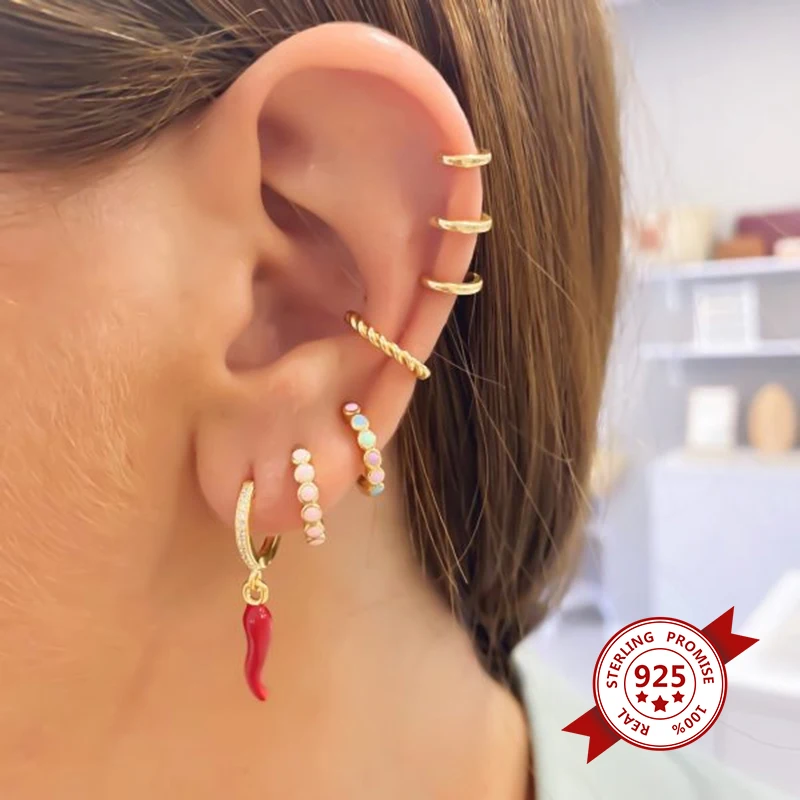 925 순수 실버 바늘 러블리 스타/번개 펜던트 골드 귀걸이 컬러 에나멜 18mm 후프 귀걸이 여성을위한 패션 쥬얼리