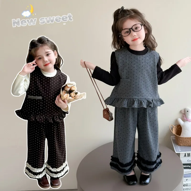Polka Dot Kleidungsset für Mädchen, modische Kinderweste + Basisschicht + Hose mit weitem Bein, dreiteilige Sets, Frühling und Herbst 2025, Neu