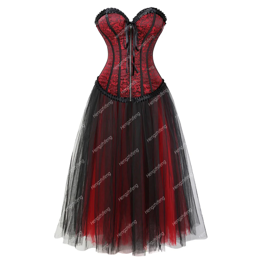

Women Sexy Floral Zipper Overbust Corset Dress Set Waist Cincher Slim Lace Up Fashion Jacquard Brocade Corset Bustier Costumes