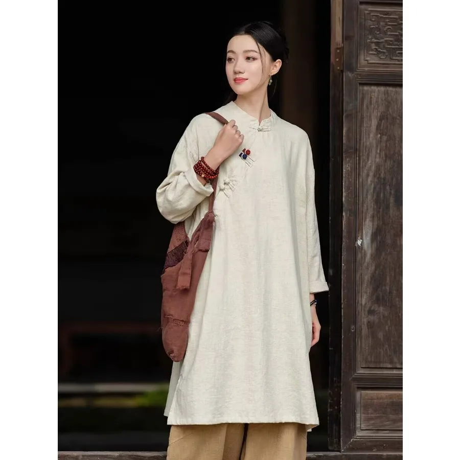 Chinese Style Cotton Linen Dress Autumn Buddhist Zen Clothing Layperson Clothing Diagonal Placket Buckle Robe Retro Cheongsam