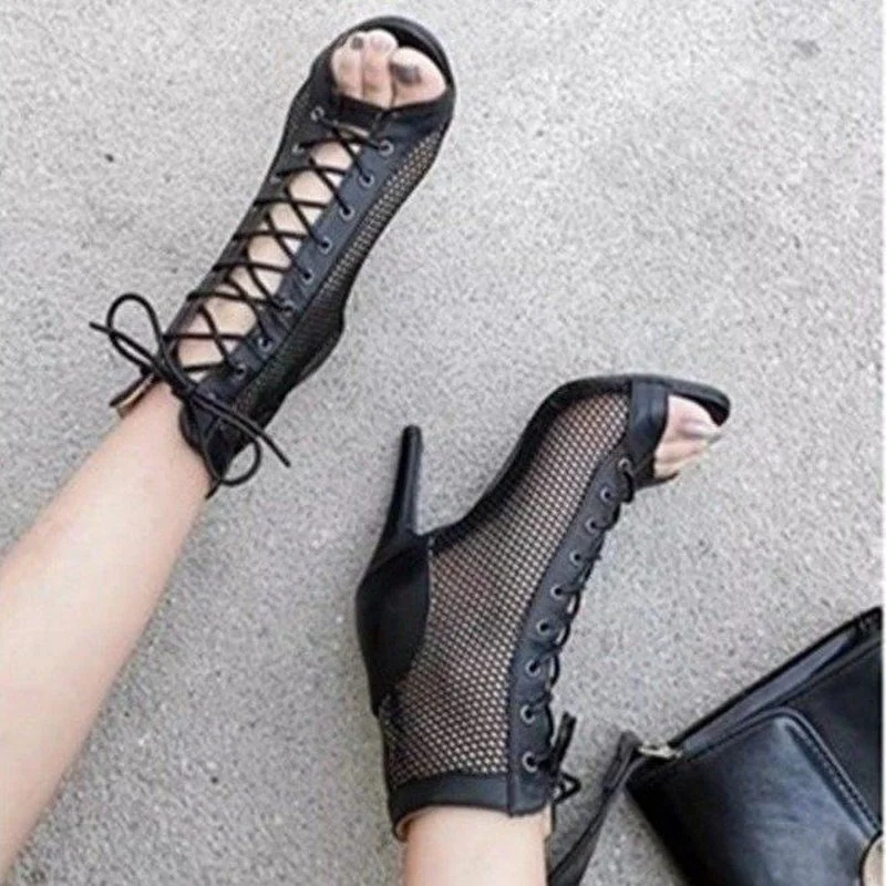Hollow Mesh Sandals Women Summer Size 35-43 Lace-Up Fish Mouth Stiletto High Heels Party Dance Sandals women sandals women high heels comfortable sandals