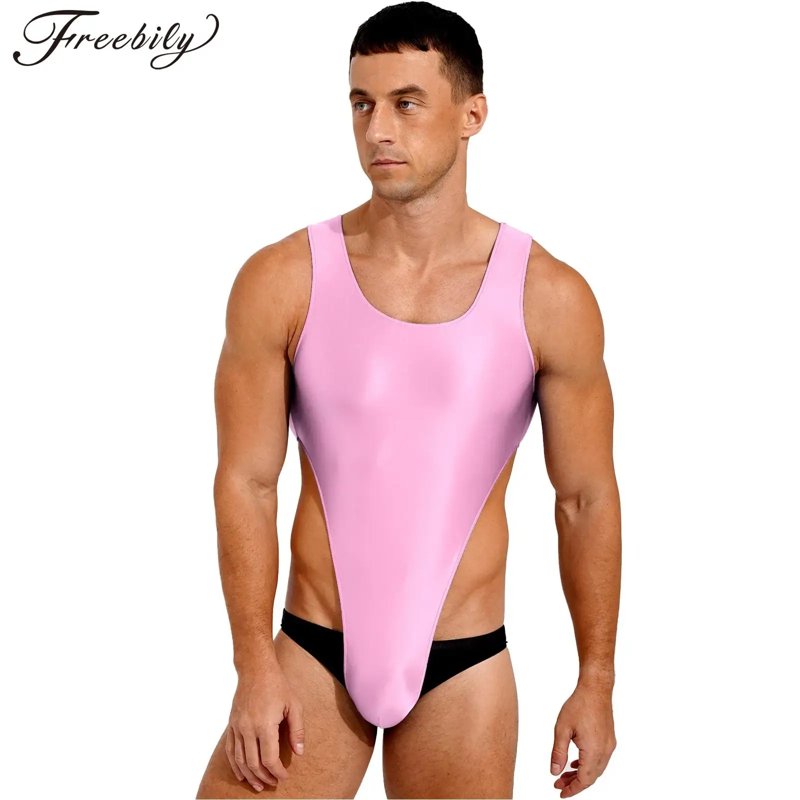 Mens Glossy Mankini Swimwear U Neck Senza Maniche Body High Cut Body Elastico Costume Intero Per Uomo Esercizio Di Nuoto