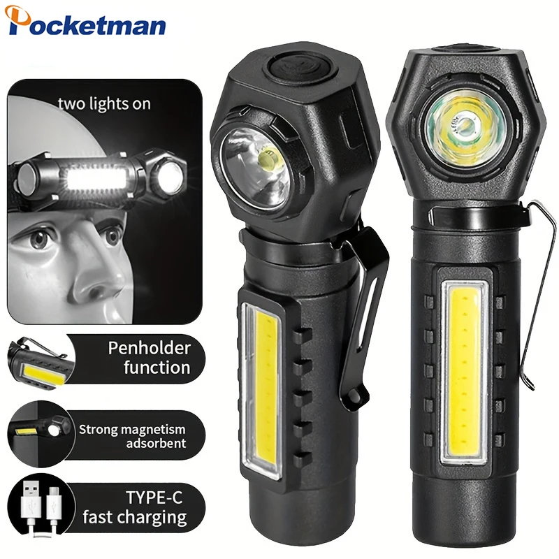 

USB Rechargeable Flashlights LED+COB Adjustable Headlamp Portable Headlight with Tail Magnet Clip for Hiking Camping Fishing