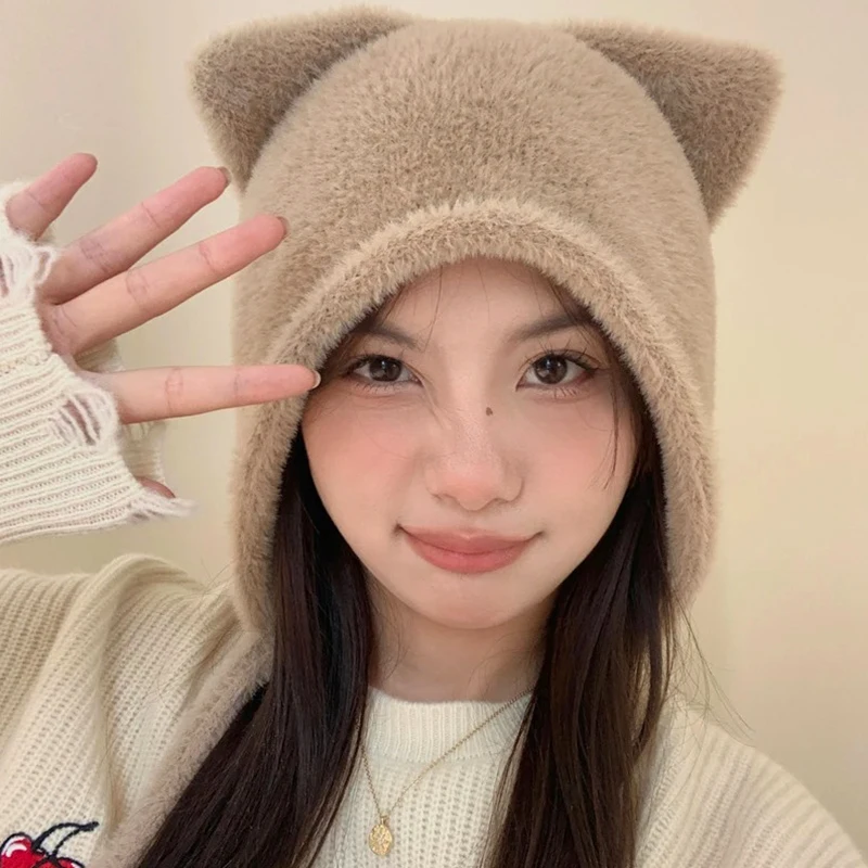 

Personalized Cat Ear Beanies Cap Fashion Lovely Faux Mink Fur Hats Girls Soft Windproof Ear Protector Hats Outdoor Warm Bonnet
