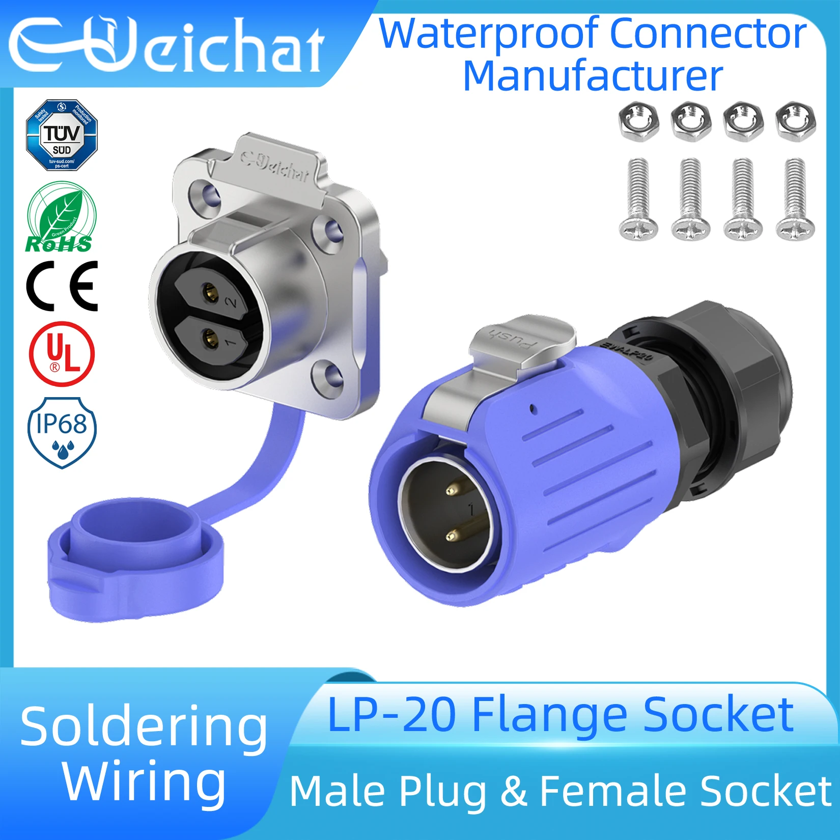 LP20 IP68 Waterproof Connector 2-14 Pin Blue Metal Male Plug + Flange ...