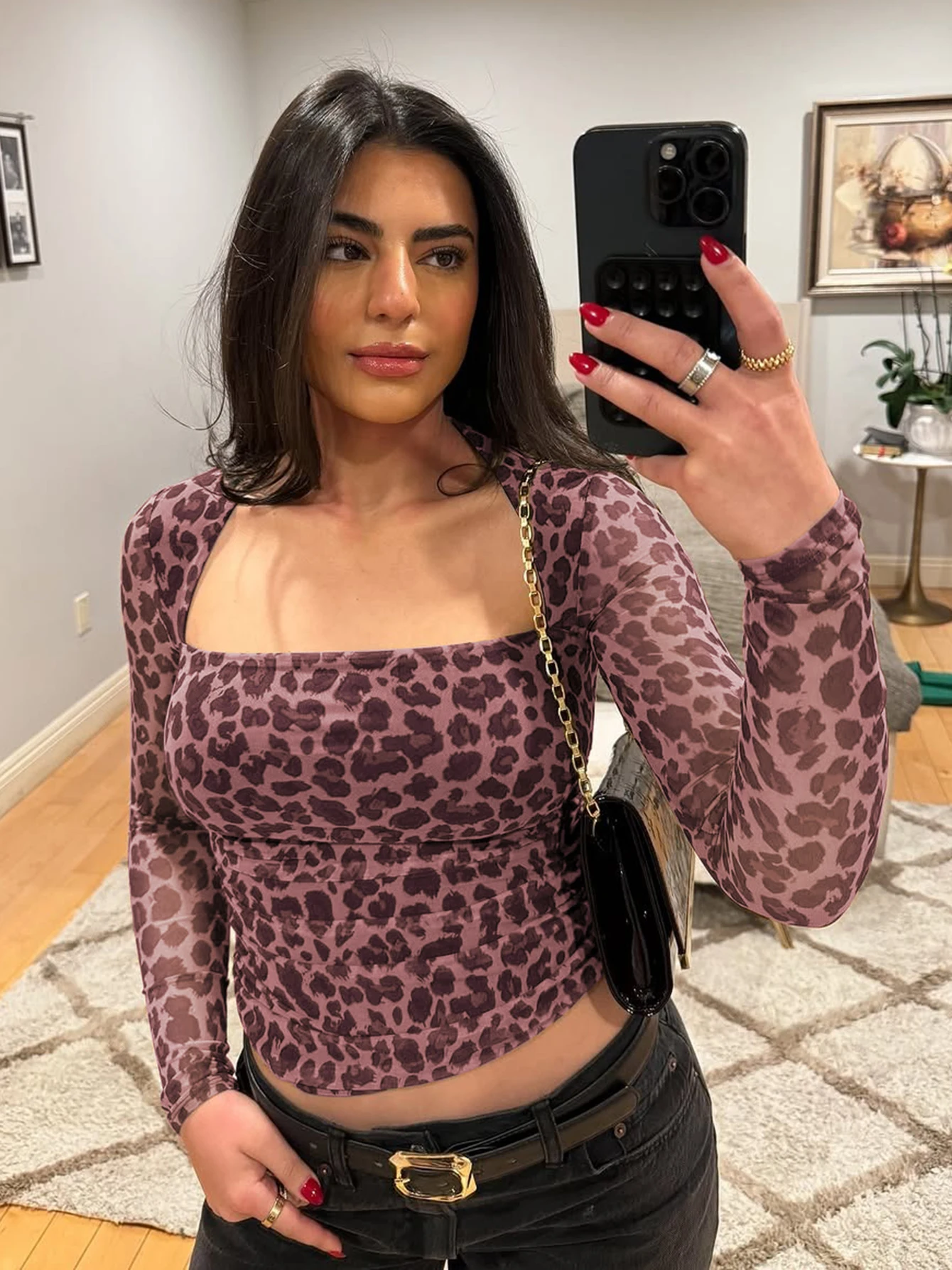 Hugcitar Fashion Leopard Print Square Collar Long Sleeve Sexy Slim Crop T-Shirt Top Spring Autumn Women Clothes Vacation Party 4