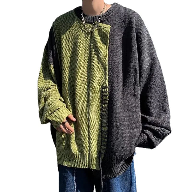 American Style Hip Hop Retro Patchwork Contrast Color Sweater Boys and Girls Autumn Winter Loose plus Size Knitwear Warm Coat