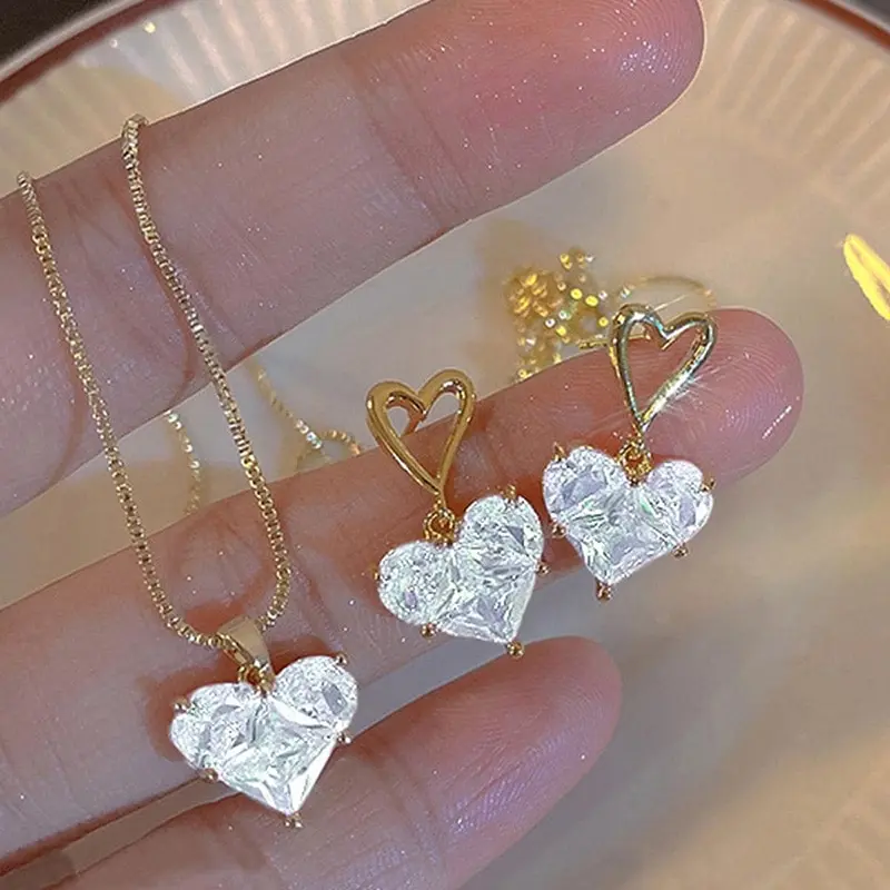 Sd5b01494848d40d0b7bdea79217d508cn 3pcs Trendy Y2k Heart-shaped Zircon Pink Crystal Pendant Earrings Necklaces Set for Women Heart Elegant Exquisite Party Jewelry Mallzona