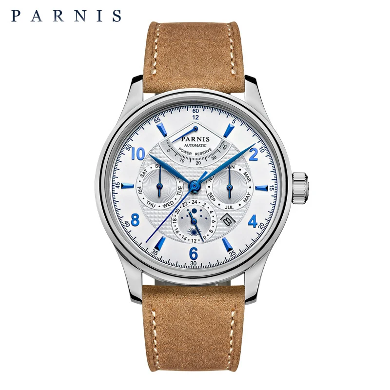 

Fashion Parnis 43mm White Dial Automatic Menchanical Men Watch Moon Phase Leather Strap Men's Watches erkek kol saati 2023 Clock