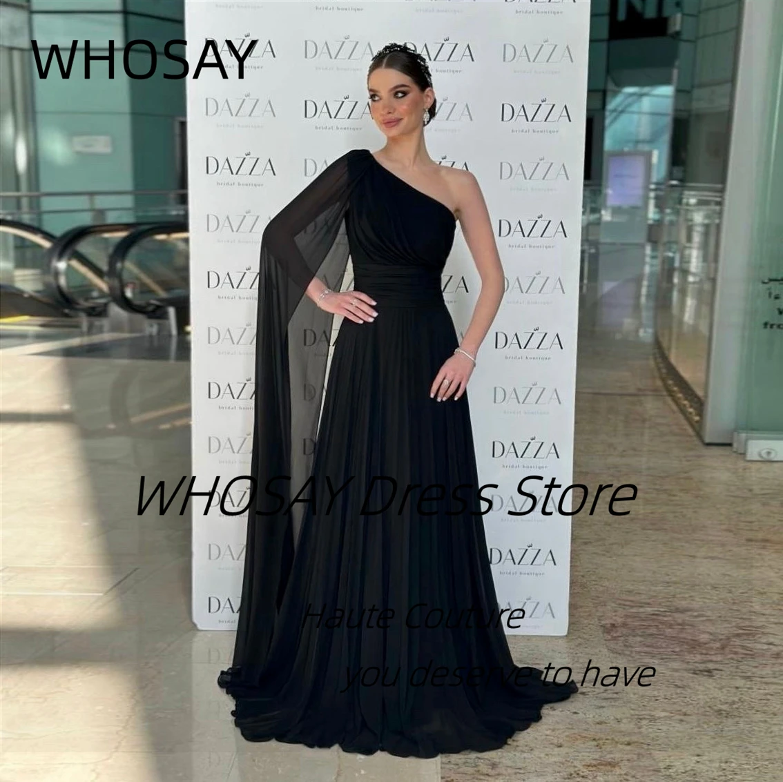 

Шифоновые платья WHOSAY для выпускного вечера на одно плечо с рукавами-фонариками Вечерние наряды на молнии сзади с рюшами ТРАПЕЦИЕВИДНОЕ ПЛАТЬЕ для торжественных случаев