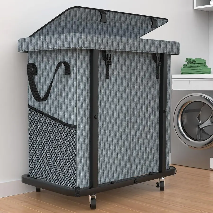 Large rolling laundry hamper with metal frame