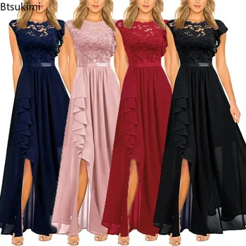 2025 Women's Elegant Long Maxi Dress High Waist Round Neck Party Wedding Fashion Dress Robe Vintage Spliced Lace Chiffon Dress