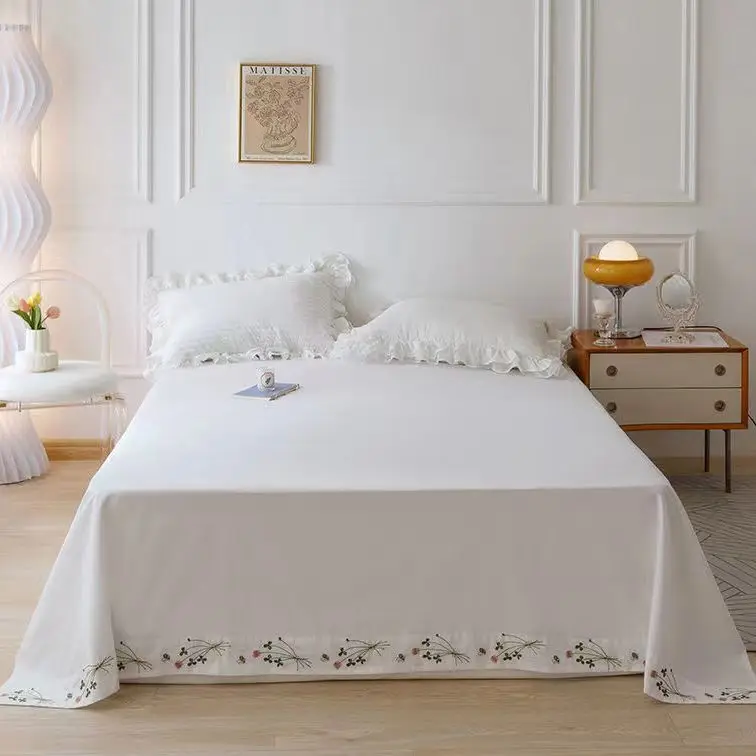 Pure White Bedding Sheet Floral Embroidery Flat Sheets 100% Cotton Bedding Luxury Bedspread Home Textiles Queen King Size 6