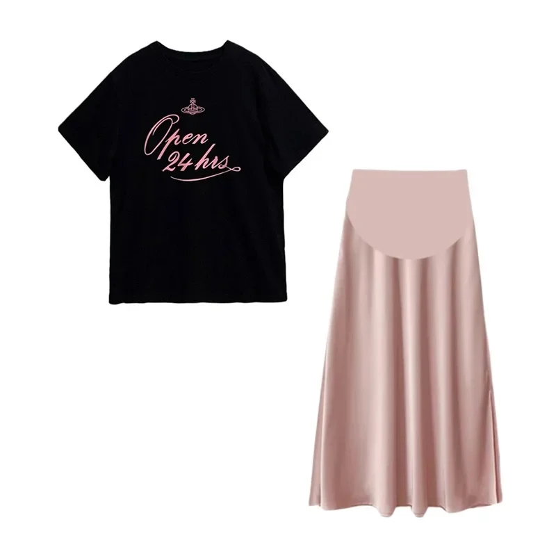 2024 여름 임산부 새틴 스커트, 사이드 스플릿 패션, 임산부 배꼽 스커트, 단색, 긴 느슨한 임신 엠파이어 스커트