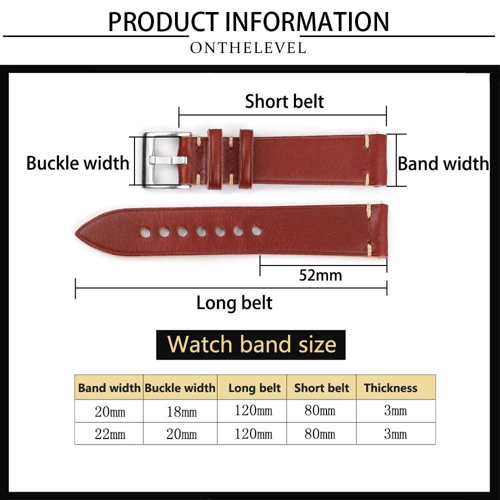 Handmade Stitched Strap Vintage Genuine Leather Watch Band 20mm 22mm Coffee Cowhide Watchband Quick Release for Men Watch Belt