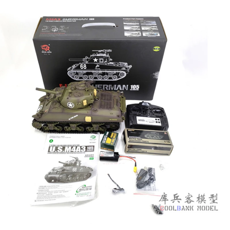 쿨뱅크 3898-1 M4A3 셔먼 RC 탱크 1:16 오프로드 트랙 텔레스코픽 배럴 연기 시스템 미국군 시뮬레이션 장난감 (성인용)
