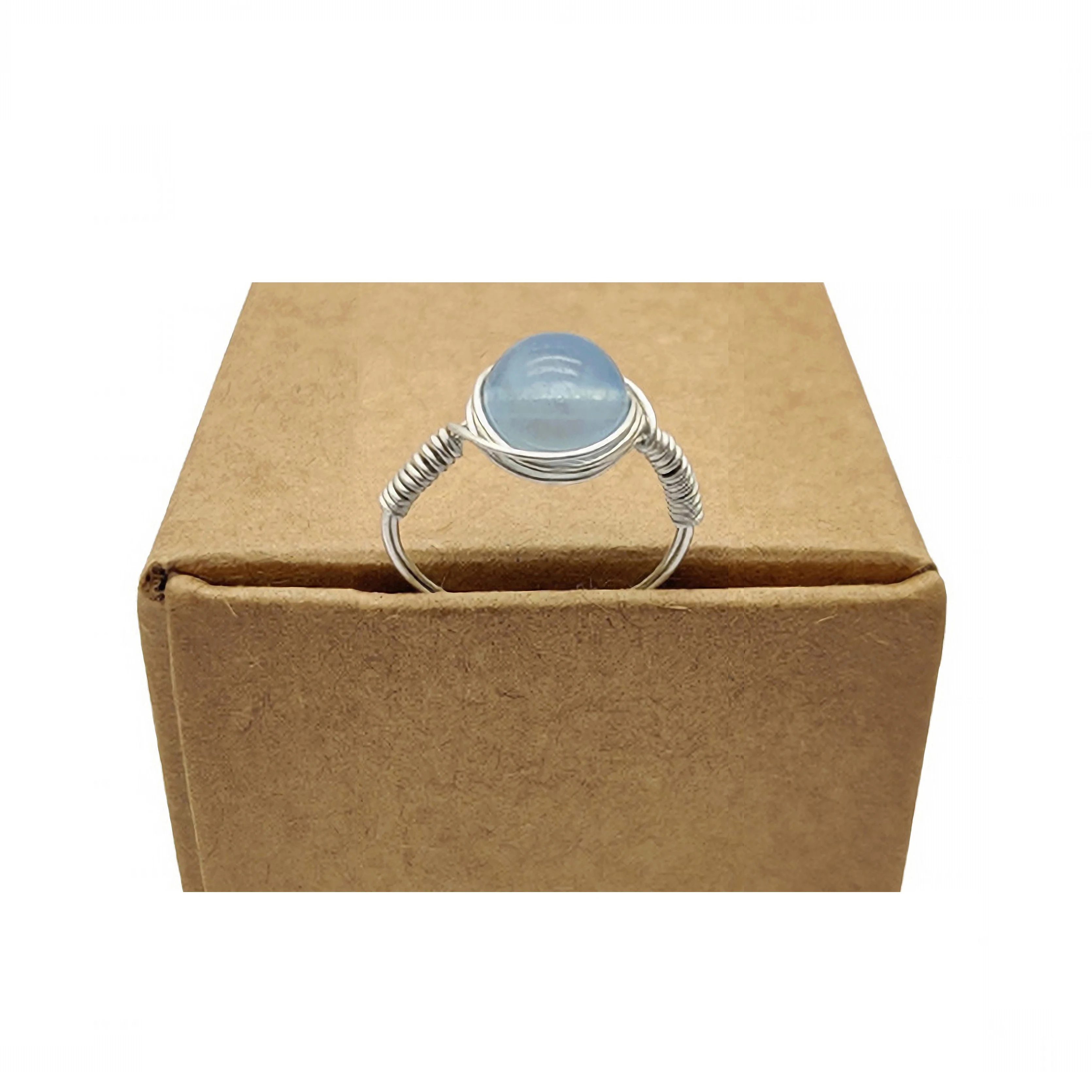Blue Sea Treasu Natural Stone Birthstone Solitaire Sterling Silver Color Wire Wrapped Wedding Rings For Women Jewelry Handmade 24pcs blue color ink cloud fashion jewelry packaging cardboard cases earrings rings necklaces display set exquisite gift boxes