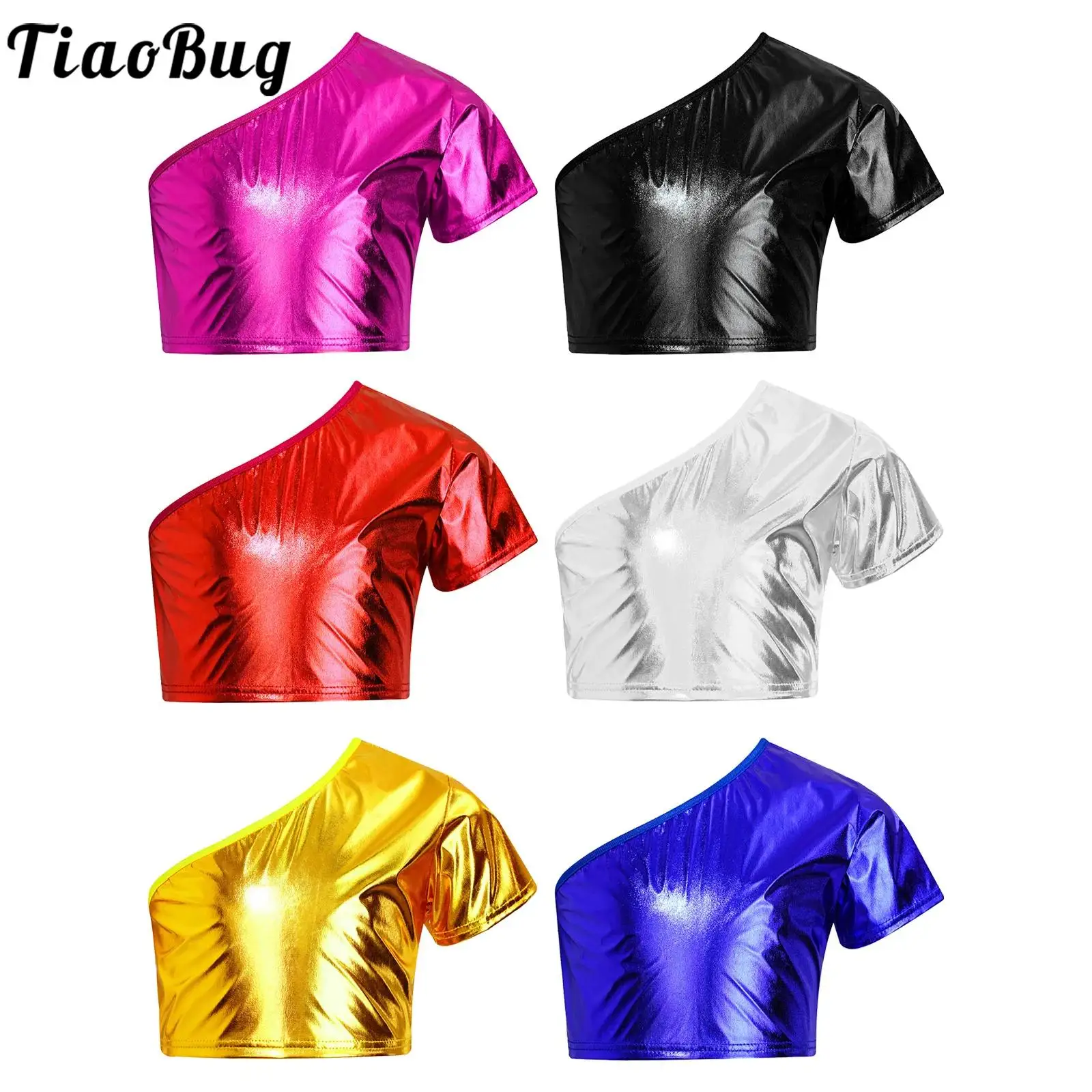 

TiaoBug Kids Girls Dancewear Top One Shoulder Metallic Crop Top Short Sleeve T-shirt for Jazz Dance Cheerleading Performance