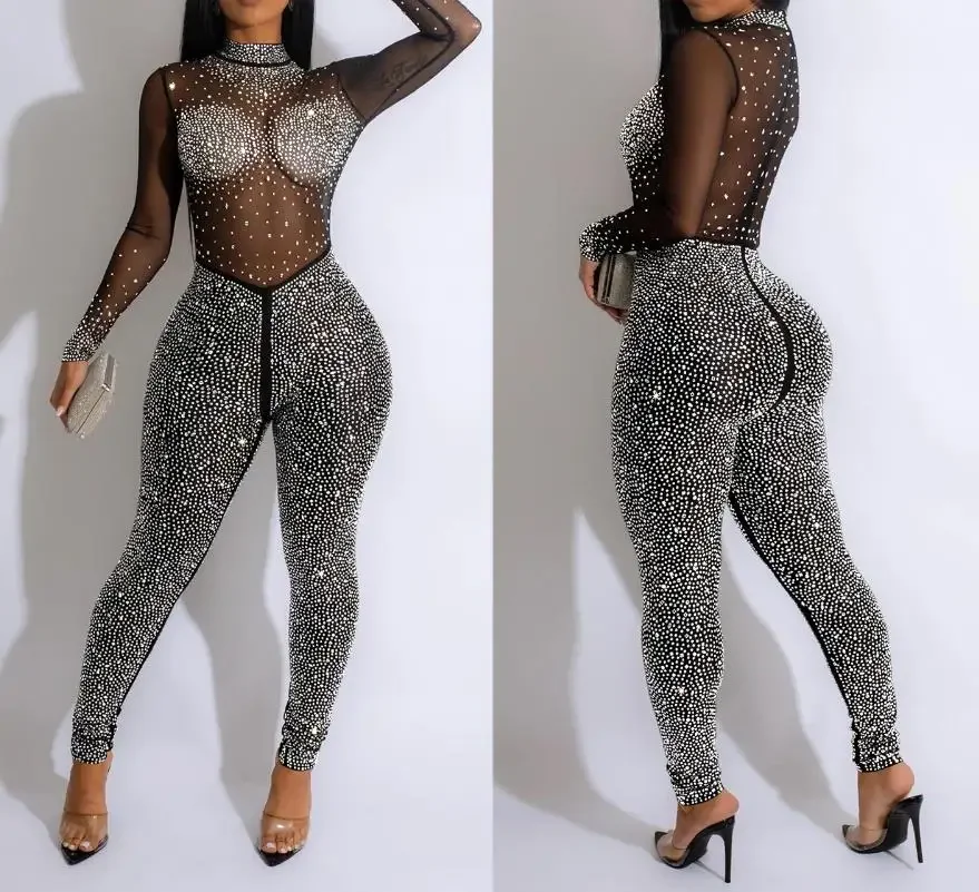 

Sexy Women's Jumpsuit 2023 Nightclub Women's Clothing Solid Color Mesh Hot Drill Long-Sleeved See-Through Trousers Jumpsuit