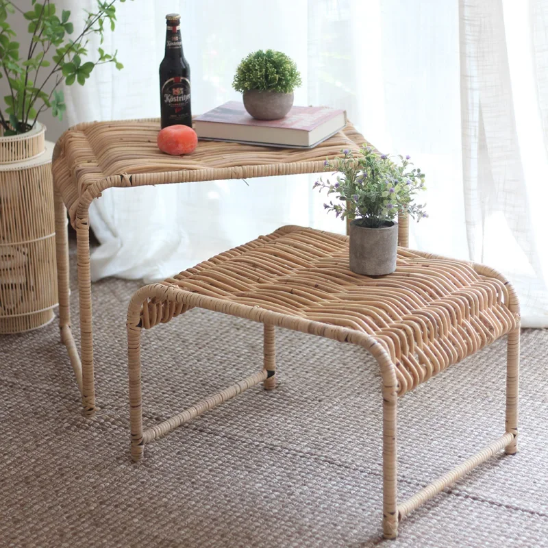 

Nordic Style Rattan Coffee Table Living Room Balcony Natural Simple Wicker Side Table Rectangle Tea Table Homestay Decoration