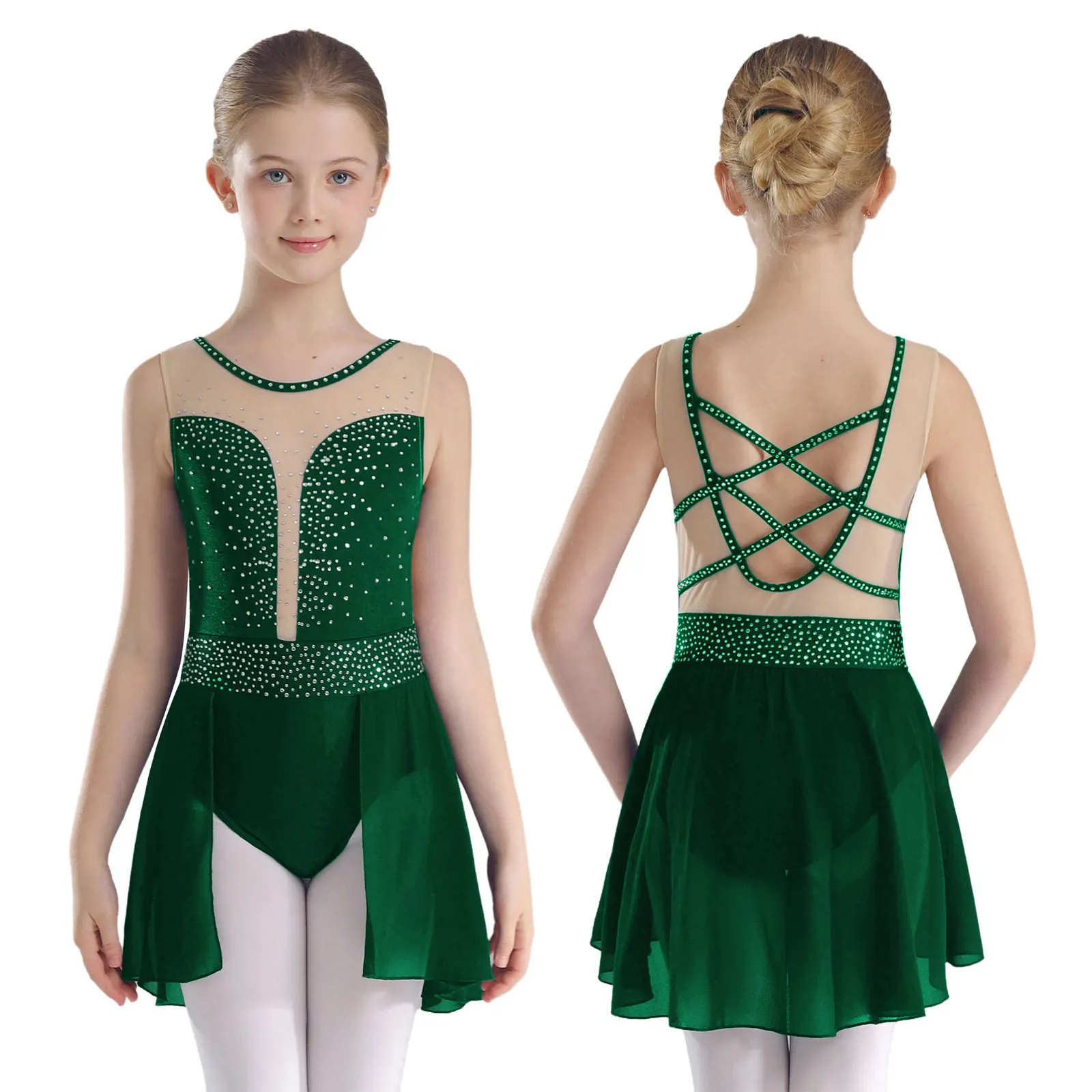 Niños Niñas gimnasia Ballet Jersey patinaje artístico vestido de baile lírico diamantes de imitación brillantes espalda en U falda tutú leotardo Ropa de baile