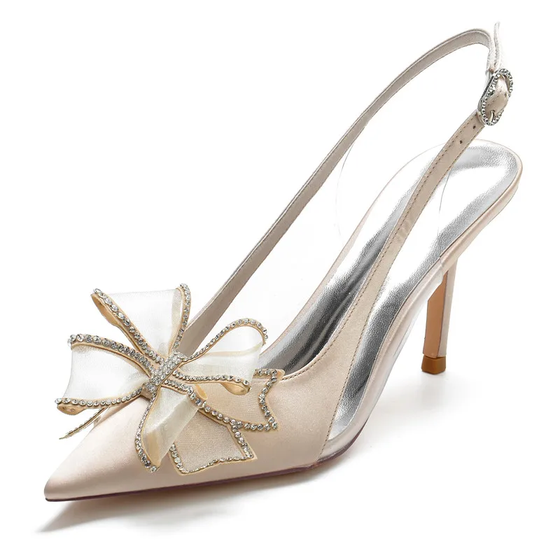 

Satin Crystals Flower High Heels Wedding Slingback Shoes for Bride Pointed Toe Evening Formal Party Dress Shoes Heels